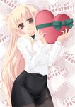  blonde_hair bow brown_eyes fate_testarossa frapowa heart long_hair lyrical_nanoha mahou_shoujo_lyrical_nanoha_strikers miniskirt pantyhose pencil_skirt skirt solo thighband_pantyhose valentine 