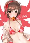  bad_id bad_pixiv_id bikini brown_eyes brown_hair gift heart heart_print kinugasa_yuuichi mouth_hold original short_hair solo swimsuit valentine 