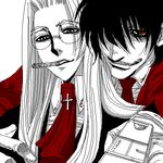  1girl alucard_(hellsing) couple cross fangs glasses gloves gun hands hellsing hetero integra_hellsing long_hair lowres monochrome oekaki red smile smoking solid&amp;etc vampire weapon white_gloves 