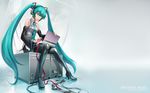  aqua_eyes aqua_hair cable computer detached_sleeves hatsune_miku headphones highres laptop long_hair necktie patipat_asavasena sitting skirt solo thighhighs twintails very_long_hair vocaloid wallpaper 