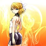  ass bike_shorts blonde_hair blue_eyes bow crop_top flat_chest hair_bow hair_ribbon halter_top halterneck hamu_no_jin kagamine_rin looking_back ribbon short_hair solo vocaloid 