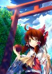  apple ascot bamboo_broom bow broom brown_eyes brown_hair detached_sleeves food fruit hair_bow hair_tubes hakurei_reimu holding holding_food holding_fruit light_rays redcomet shade smile solo sunbeam sunlight torii touhou 