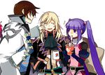  2boys asbel_lhant blonde_hair brown_hair eating food long_hair multiple_boys noodles pinching purple_hair richard_(tales) sophie_(tales) starshadowmagician tales_of_(series) tales_of_graces twintails white_background 