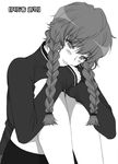  amane_suzuha bangs bike_shorts blush braid eyebrows_visible_through_hair eyelashes greyscale hair_tie hands_on_own_knees head_tilt knees_up light_smile long_hair long_sleeves looking_away monochrome own_hands_together parted_lips shichimenchou side_braid simple_background sitting skindentation sleeves_past_wrists solo steins;gate twin_braids w_arms white_background 