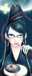  bad_id bad_pixiv_id bayonetta bayonetta_(character) black_hair blue_eyes breasts bug butterfly candy cleavage earrings eyeshadow food glasses highres insect itsuki_nana jewelry large_breasts lollipop makeup moon solo 