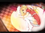  bad_id bad_pixiv_id blonde_hair blush book checkered checkered_floor flandre_scarlet hat lying on_side pillow pillow_hug ponytail red_eyes short_hair side_ponytail solo thighhighs toichi touhou white_legwear wings 