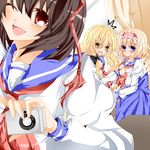  3girls alice_margatroid alternate_costume bad_id bad_pixiv_id blonde_hair blue_eyes bow brown_hair camera fang hair_bow kirisame_marisa long_hair multiple_girls nanase_nao one_eye_closed red_eyes school_uniform shameimaru_aya short_hair touhou yellow_eyes yuri 