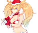  1girl alternate_costume blonde_hair blue_eyes breasts choker christmas cleavage commentary commentary_request folte fur_trim gambier_bay_(kantai_collection) gloves hairband hat kantai_collection large_breasts navel red_bikini_top red_gloves sack santa_costume santa_hat smile solo star twintails upper_body white_background 