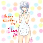  absurdres apron blue_eyes bow braid hair_bow happy_valentine highres izayoi_sakuya maid_headdress ms14shoji naked_apron short_hair silver_hair simple_background solo touhou twin_braids valentine 