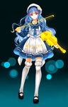  ange_vierge apron beamed_eighth_notes blue_hair eighth_note hat highres holding instrument long_hair mana_(418208360) mary_janes musical_note original shoes sixteenth_note solo thighhighs treble_clef violin white_legwear yellow_eyes 
