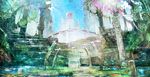  building day flower gen'ei_ibunroku_sharp_fe highres leaf no_humans official_art ruins scenery shibuya_109 sky stairs toi8 water 