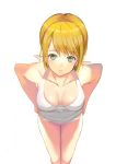  1girl blonde_hair breasts cleavage downblouse elf eyebrows_visible_through_hair green_eyes large_breasts leaning_forward light_blush looking_at_viewer original panties pointy_ears short_hair simple_background smile solo standing tomoki_(omaenoie) underwear white_background white_panties 