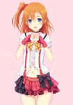  :d banned_artist black_bow blue_eyes bokura_wa_ima_no_naka_de bow breasts brown_hair earrings fingerless_gloves gloves hair_ornament heart heart_cutout heart_hands highres jewelry kousaka_honoka long_hair looking_at_viewer love_live! love_live!_school_idol_project midriff n.g. navel one_side_up open_mouth pink_bow red_gloves skirt small_breasts smile solo 