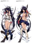  absurdly_long_hair absurdres bed_sheet black_hair blue_legwear blue_skirt breasts cleavage fingerless_gloves gloves groin hair_ornament hair_over_one_eye highres holding holding_weapon ikkitousen kan'u_unchou kurashima_tomoyasu large_breasts long_hair looking_at_viewer low-tied_long_hair lying maid_headdress multiple_views navel on_back on_side open_clothes open_skirt panties pleated_skirt polearm red_gloves ribbon shirt sideboob skirt torn_clothes torn_shirt torn_skirt underwear very_long_hair weapon white_legwear white_panties 