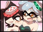  +_+ 2girls aori_(splatoon) black_border black_hair blush border breasts cleavage cousins domino_mask earrings eromame fangs flying_sweatdrops food food_on_head green_hair hair_rings hotaru_(splatoon) jewelry long_hair looking_at_another mask medium_breasts multiple_girls object_on_head orange_eyes pink_background pointy_ears short_hair sideways_mouth simple_background smile splatoon splatoon_(series) splatoon_1 sushi sweat tentacle_hair twitter_username 