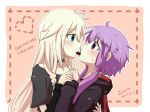  2girls aqua_eyes arm_around_back blonde_hair blush collarbone commentary_request dated english_text face-to-face heart hood hood_down hoodie ia_(vocaloid) jazu long_hair long_sleeves looking_at_another low_twintails mouth_hold multiple_girls purple_eyes purple_hair short_hair_with_long_locks short_sleeves signature sweat twintails upper_body vocaloid yuri yuzuki_yukari 
