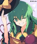  1girl ;) artist_name bangs black_hat blush bow collarbone commentary_request eyebrows_visible_through_hair frilled_shirt_collar frills green_eyes green_hair grin hair_between_eyes hand_up hat hat_bow heart heart_of_string highres holding holding_hat komeiji_koishi long_hair looking_at_viewer one_eye_closed purple_background sharp_teeth shirt simple_background smile solo tada_no_nasu teeth third_eye touhou twitter_username upper_body yellow_bow yellow_shirt 