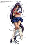  absurdly_long_hair absurdres bed black_hair blue_skirt collarbone crop_top fingerless_gloves full_body gloves gotou_junji groin hair_ornament hair_over_one_eye highres ikkitousen kan'u_unchou long_hair low-tied_long_hair midriff navel pleated_skirt red_gloves school_uniform shirt skirt solo very_long_hair white_background white_legwear white_shirt 