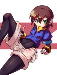  1girl a-tuy absurdres aile blush_stickers bodystocking brown_hair female fingerless_gloves gloves green_eyes highres rockman rockman_zx short_hair shorts solo v 