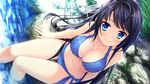 ahoge arm_support arms_at_sides bangs bare_arms bare_legs bare_shoulders barefoot bikini black_hair blue_bikini blue_eyes blush breasts cleavage closed_mouth collarbone day dutch_angle eyebrows_visible_through_hair eyelashes fingernails from_above game_cg grass hair_ribbon highres large_breasts long_fingernails long_hair looking_at_viewer manazuru_misaki midriff natsu_no_iro_no_nostalgia navel one_side_up outdoors pebble plant ribbon river side-tie_bikini sitting sitting_on_rock smile soaking_feet solo stone stream swimsuit thigh_gap very_long_hair water wet yamakaze_ran 