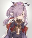  1girl blurry blurry_background blush chokuro cloak commentary_request dress granblue_fantasy hair_ornament hair_over_one_eye harvin hood hooded_cloak looking_at_viewer navel navel_cutout nio_(granblue_fantasy) pointy_ears ponytail purple_eyes purple_hair 