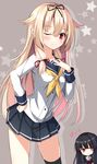  black_hair blonde_hair commentary_request cosplay costume_switch hair_flaps hair_ribbon hand_on_hip hand_on_own_chest highres isokaze_(kantai_collection) isokaze_(kantai_collection)_(cosplay) kantai_collection long_hair multiple_girls one_eye_closed pleated_skirt red_eyes remodel_(kantai_collection) ribbon rin_yuu single_thighhigh skirt smile star thighhighs very_long_hair yuudachi_(kantai_collection) yuudachi_(kantai_collection)_(cosplay) 
