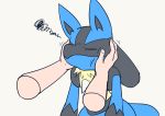  2019 absurd_res ambiguous_gender anthro blue_fur canid canine eyes_closed front_view fur hi_res human lucario mabuta_1 mammal nintendo pok&eacute;mon pok&eacute;mon_(species) simple_background solo_focus standing video_games white_background 