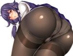  1girl ahoge ass bangs black_legwear blush from_behind hair_flaps hair_ornament highres huge_ass kantai_collection leaning_forward long_hair looking_at_viewer low_twintails open_mouth panties panties_under_pantyhose pantyhose purple_hair red_eyes school_uniform serafuku sidelocks skirt solo taigei_(kantai_collection) terakoya thick_thighs thighband_pantyhose thighs twintails underwear white_panties 