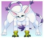  absurd_res all_fours anthro ass_up bedroom_eyes bent_over big_breasts big_butt black_nose blue_eyes breasts butt claws clothing digimon digimon_(species) digital_media_(artwork) felid feline female fur gatomon gloves half-closed_eyes hi_res looking_at_viewer mammal mostly_nude multicolored_tail neronova nipples nude presenting seductive simple_background smile solo spread_legs spreading thick_thighs whiskers white_fur wide_hips 