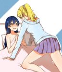  ayase_eli love_live! naked rankaku sheets sonoda_umi sweater yuri 