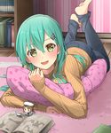  :d alternate_costume barefoot blush casual cat denim error_musume feet_up green_eyes green_hair hair_ornament hairclip hat highres kantai_collection long_hair looking_at_viewer lying manga_(object) max_melon minigirl on_stomach open_mouth pants pillow pillow_hug revision ribbed_sweater sailor_hat sleeves_past_wrists smile solo suzuya_(kantai_collection) sweater turtleneck 