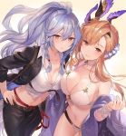  2girls ahoge bangs bare_shoulders belt bikini blush braid breasts brown_eyes brown_hair cleavage closed_mouth collarbone granblue_fantasy hair_between_eyes hair_ornament hairband hand_on_hip hand_up head_wings large_breasts long_hair looking_at_viewer midriff multiple_girls navel open_mouth shawl sidelocks silva_(granblue_fantasy) silver_hair skirt smile song_(granblue_fantasy) stomach swimsuit twin_braids very_long_hair white_bikini yellow_eyes yuzuki_karu 