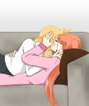  2girls blonde_hair blush collared_shirt couch couple eyes_closed fate_testarossa hand_on_another&#039;s_back hand_on_another&#039;s_head kiss long_hair lying lyrical_nanoha mahou_shoujo_lyrical_nanoha multiple_girls orange_hair pillow shirt side_ponytail simple_background sleepwear straddling takamachi_nanoha watercolormark white_background white_shirt yuri 