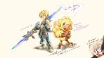  1boy 2others absurdres artist_name beak belt blonde_hair blue_eyes boots chocobo commentary cravat double-blade english_commentary english_text final_fantasy final_fantasy_fables final_fantasy_ix hand_on_hip highres holding holding_weapon itahana_toshiyuki mask moogle multiple_others official_art open_mouth scarf short_hair short_ponytail simple_background sleeveless smile speech_bubble square_enix standing tail talons weapon zidane_tribal 