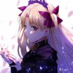  bangs blonde_hair blush breasts cape earrings ereshkigal_(fate/grand_order) eyebrows_visible_through_hair fate/grand_order fate_(series) hair_ribbon jewelry light_particles long_hair looking_at_viewer nail_polish parted_bangs purple_nails red_eyes red_ribbon ribbon skull solo tiara twintails twitter_username two_side_up yaoshi_jun 