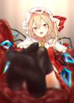  black_legwear blonde_hair blurry blurry_foreground chromatic_aberration commentary_request couch crystal depth_of_field feet flandre_scarlet hair_between_eyes hat hat_ribbon head_tilt highres long_hair looking_at_viewer lying mob_cap no_shoes on_back open_mouth red_eyes red_ribbon red_skirt red_vest ribbon sakusyo skirt skirt_set slit_pupils solo thighhighs touhou vest white_hat wings yellow_neckwear 