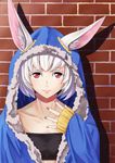  absurdres animal_ears bangs beltbra bunny_ears closed_mouth ears_through_headwear fingernails fur_trim hand_up highres hood hood_up jaco looking_at_viewer nail_polish original red_eyes red_nails short_hair sleeves_past_wrists solo upper_body white_hair 