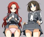  2girls blue_eyes blush brown_hair lifted_by_self long_hair long_sleeves multiple_girls necktie panties red_eyes red_hair ronye_arabel shikei short_hair skirt skirt_lift sword_art_online tiese_schtrinen underwear uniform 