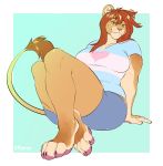  anthro clothed clothing feline female flynx-flink hair lion looking_at_viewer mammal simple_background sitting slightly_chubby smile solo 