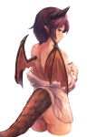  1girl absurdres ass bangs bare_shoulders blush breasts breasts_outside closed_mouth commentary_request cropped_legs dragon_girl dragon_horns dragon_tail dragon_wings from_behind granblue_fantasy grea_(shingeki_no_bahamut) hakase_(kamakura0117) highres horns long_sleeves looking_at_viewer looking_back manaria_friends medium_breasts naked_shirt no_bra off_shoulder open_clothes open_shirt pointy_ears purple_hair red_eyes shirt short_hair sideboob simple_background solo tail white_background white_shirt wings 