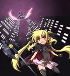  arm_belt bardiche belt blonde_hair cape city fate_testarossa gloves glowing glowing_eyes hair_ribbon long_hair lyrical_nanoha magical_girl mahou_shoujo_lyrical_nanoha mahou_shoujo_lyrical_nanoha_the_movie_1st multiple_girls night night_sky raising_heart red_eyes red_hair ribbon sasamashin shoes sky takamachi_nanoha thighhighs twintails white_devil winged_shoes wings 