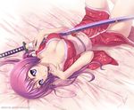  atomix bangs bare_shoulders bed blush breasts cleavage collarbone eyebrows_visible_through_hair japanese_clothes katana kimono large_breasts long_hair looking_at_viewer lying md5_mismatch naomi_(atomix) on_back original purple_eyes purple_hair sheath solo sword unsheathing weapon 