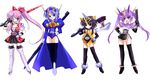  axe black_hair blue_eyes blue_hair genderswap gun kamen_rider kamen_rider_den-o kamen_rider_den-o_(series) kazuu multiple_girls pink_hair purple_eyes purple_hair red_eyes rod sword thighhighs weapon yellow_eyes 