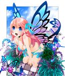  bikini blue_eyes breasts bug butterfly butterfly_wings cleavage fairy fairy_wings fang flower front-tie_top insect large_breasts long_hair moonyan multicolored multicolored_wings original pink_hair plant pointy_ears ribbon side-tie_bikini solo swimsuit thigh_strap wings 