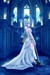  ajks architecture bad_id bad_pixiv_id bare_shoulders blonde_hair boots church closed_eyes dress gloves gothic_architecture high_heels highres long_hair looking_back original ponytail shoes solo staff thighhighs train_(clothing) weapon wedding_dress 