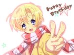  blonde_hair blue_eyes clannad foreshortening happy_birthday hikarizaka_private_high_school_uniform male_focus scarf school_uniform solo sunohara_youhei v wakabaneko 