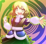  :d artist_request blonde_hair cowboy_shot jitome long_sleeves looking_at_viewer mizuhashi_parsee open_mouth outstretched_arms puffy_long_sleeves puffy_sleeves scarf short_hair smile solo touhou white_scarf 