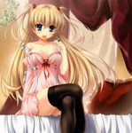  absurdres bed black_legwear blonde_hair blouse blue_eyes breasts candy cleavage crossed_legs da_capo da_capo_ii erika_murasaki food highres jewelry legs lingerie lollipop long_hair ring sitting small_breasts solo strap_slip swirl_lollipop tanihara_natsuki thighhighs tongue two_side_up underwear 