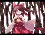  bow brown_hair chestnut_mouth detached_sleeves hair_bow hakurei_reimu letterboxed open_mouth orange_eyes shin_(new) short_hair snow solo touhou 