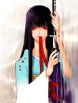  black_hair japanese_clothes katana kimono long_hair mouth_hold obi original red_eyes ribbon sakamoto_mineji sash solo sword water weapon 